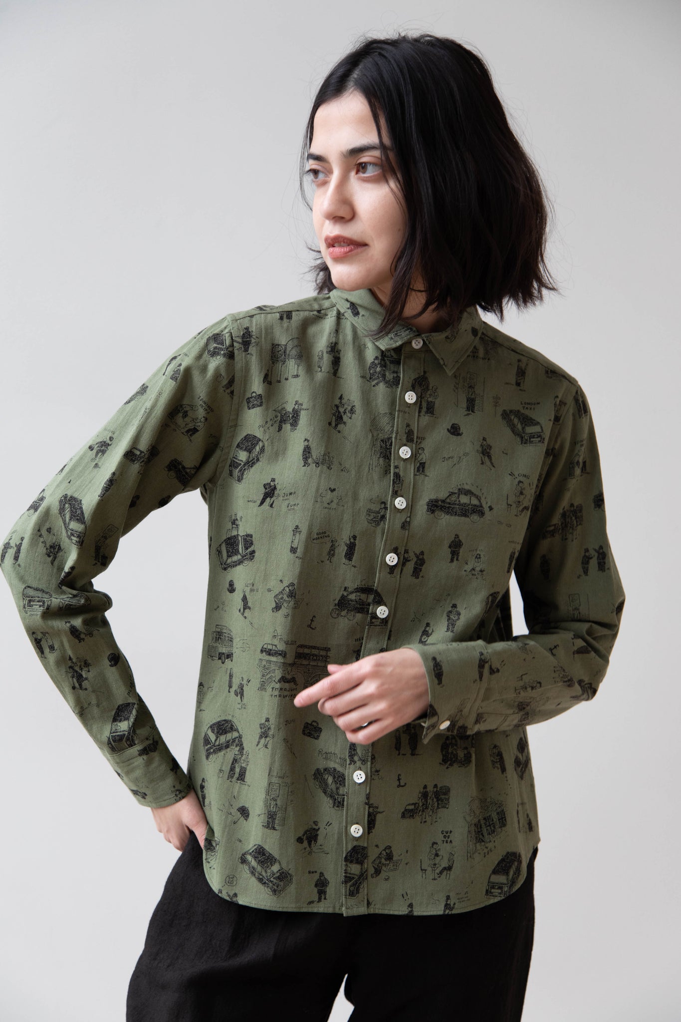 Old Man's Tailor | Small Collar Shirt in "Where is My Dog?" Print in Khaki