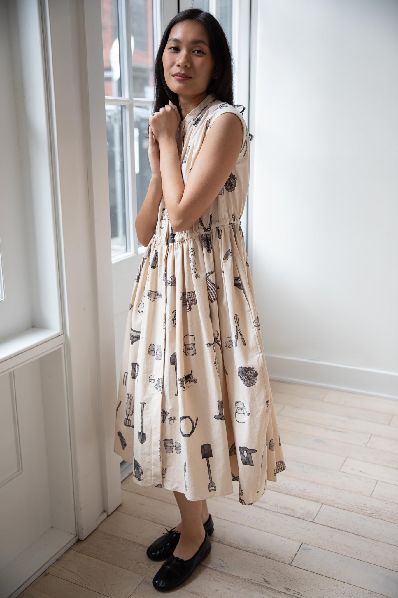 rennes Old Man's Tailor | "Great Green Thumb" Shirt Dress in Natural & Black rennes Old Man's Tailor | "Great Green Thumb" Shirt Dress in Natural & Black