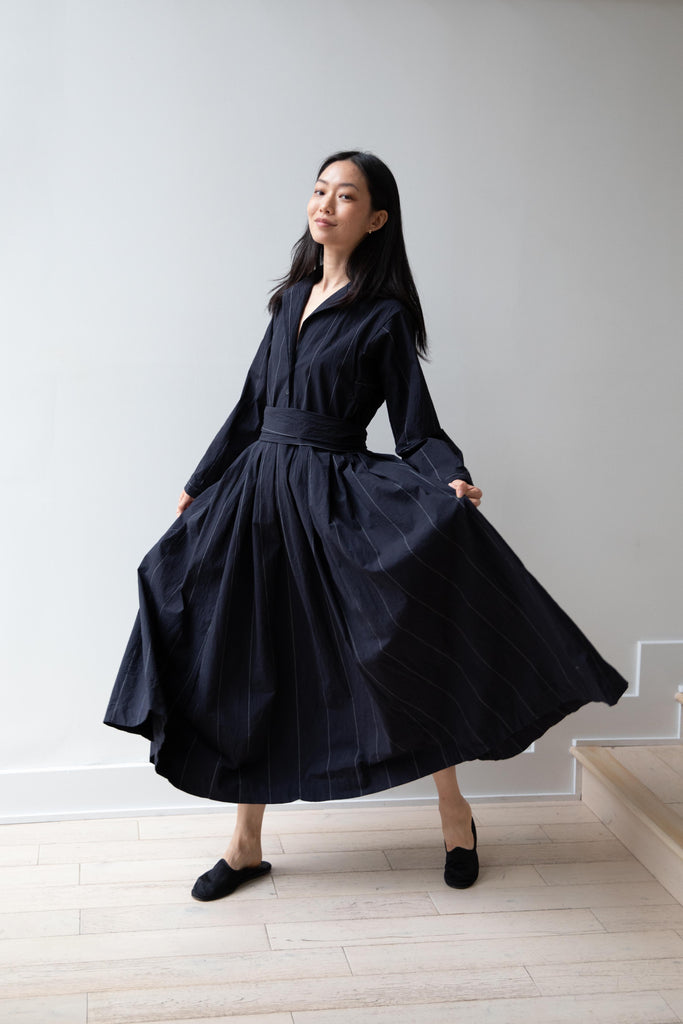 Bergfabel | Mina Dress in Navy & White Pinstripe