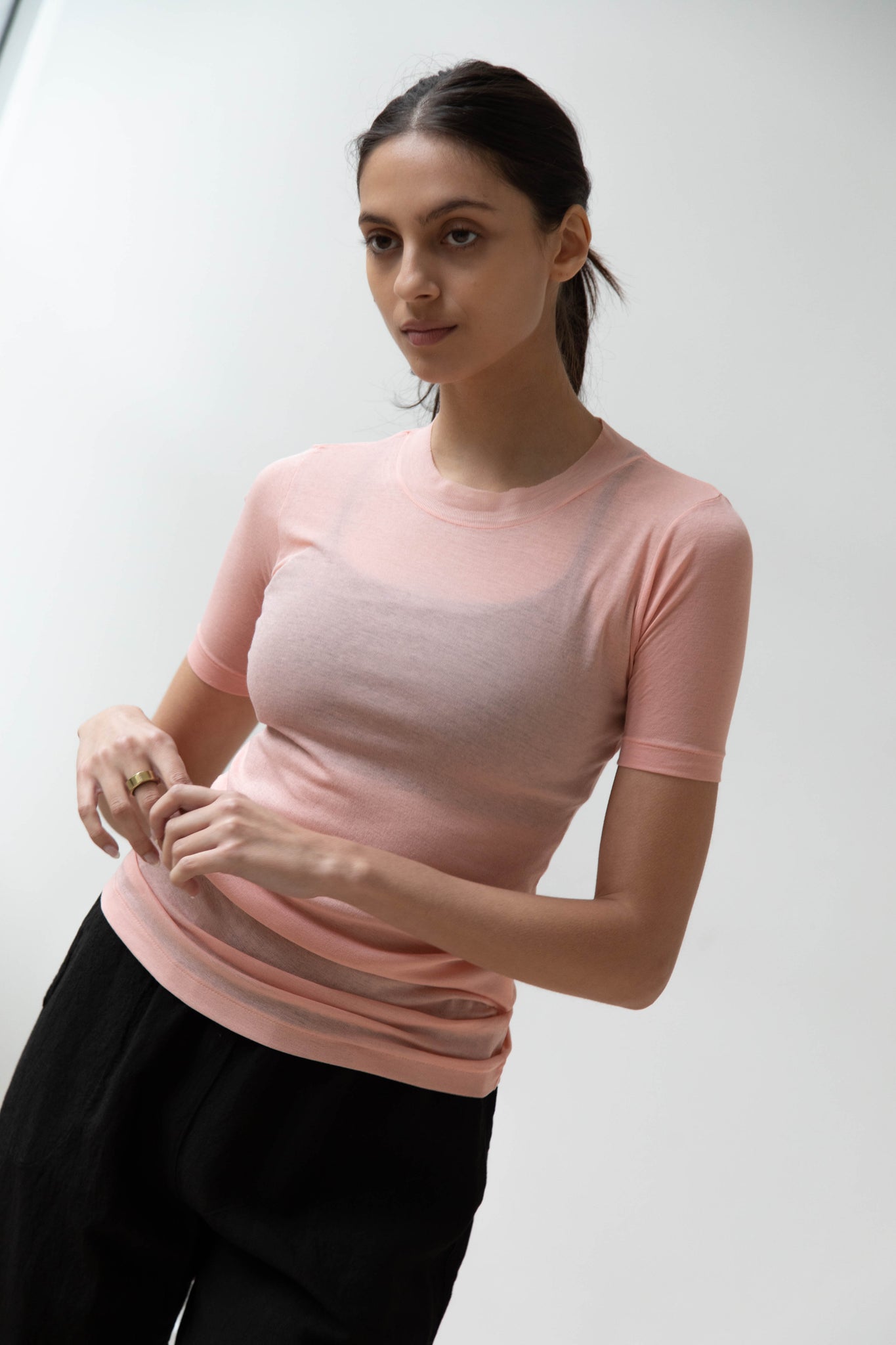 rennes — Auralee | Sheer Ribbed Tee in Light Pink