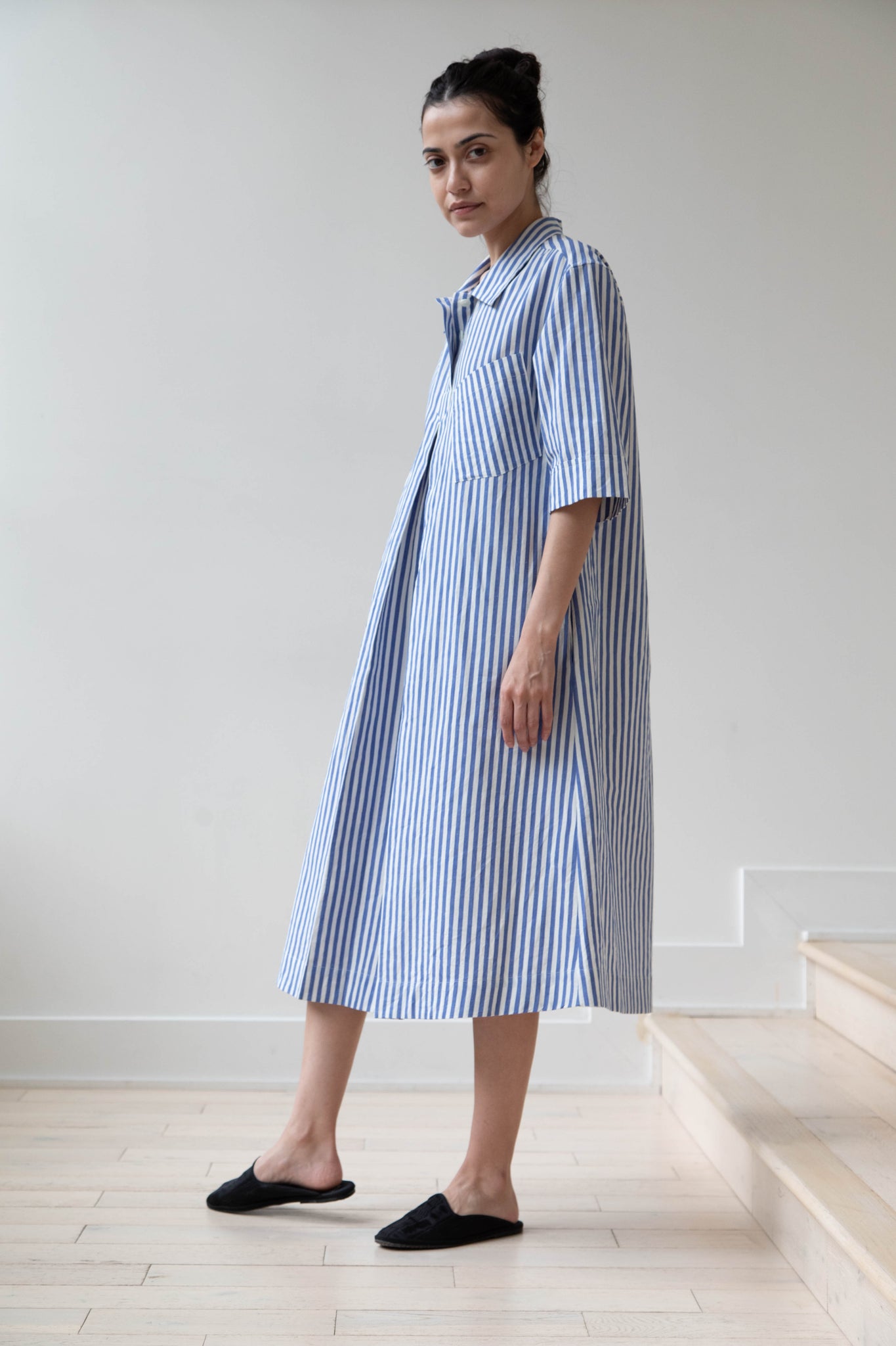 Margaret Howell | Drop Pocket Polo Dress in Blue Stripes