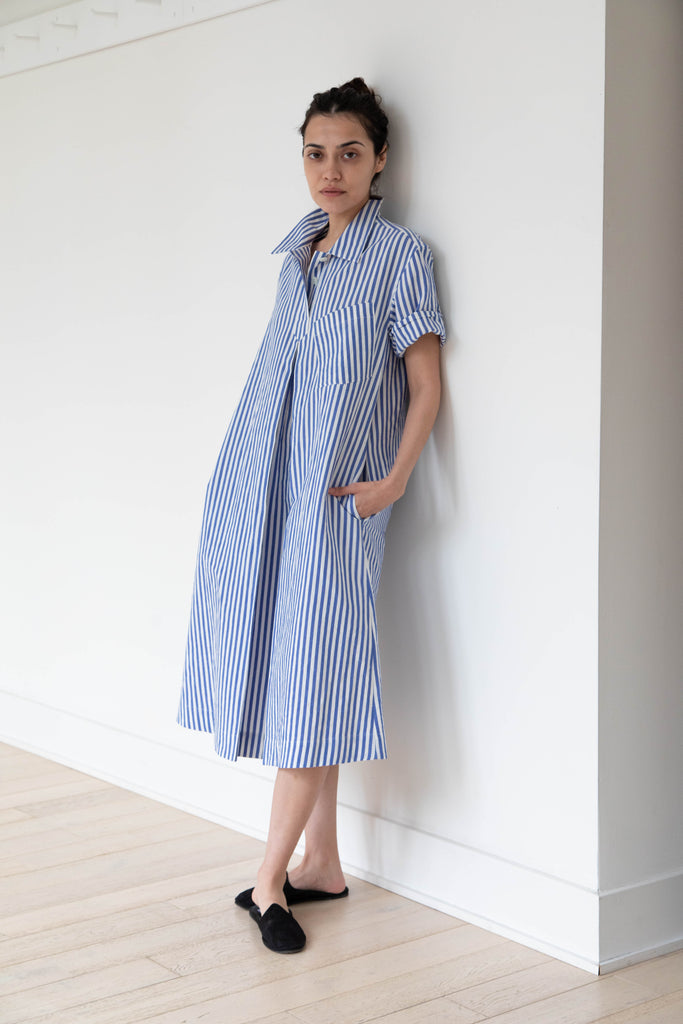 Margaret Howell | Drop Pocket Polo Dress in Blue Stripes
