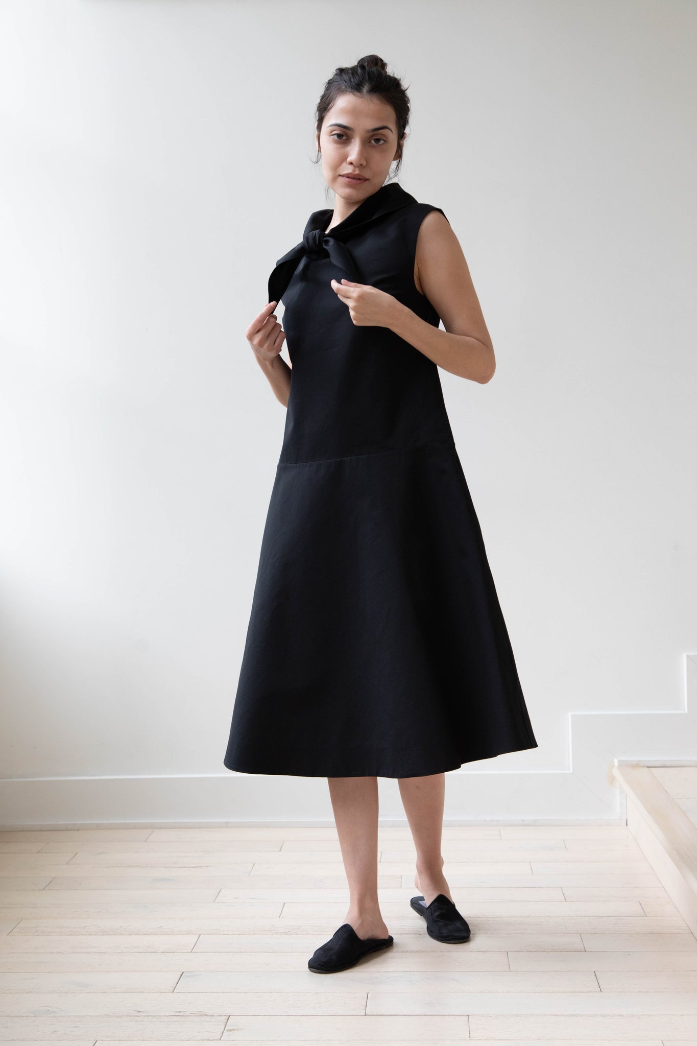 Margaret Howell | Neck Tie Dress in Black Cotton Silk