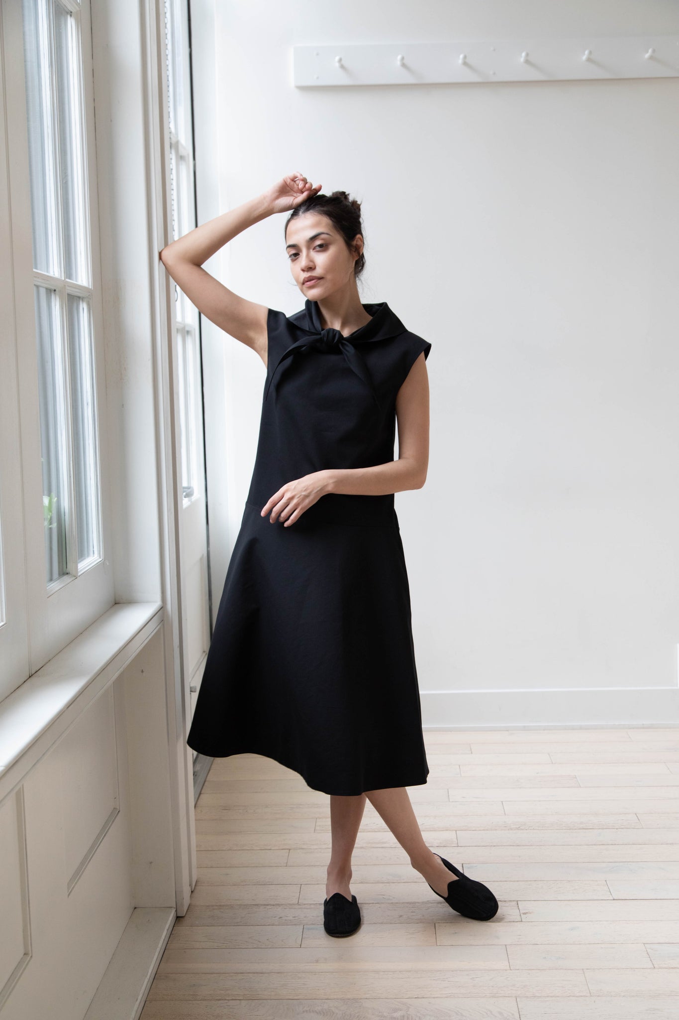 Margaret Howell | Neck Tie Dress in Black Cotton Silk