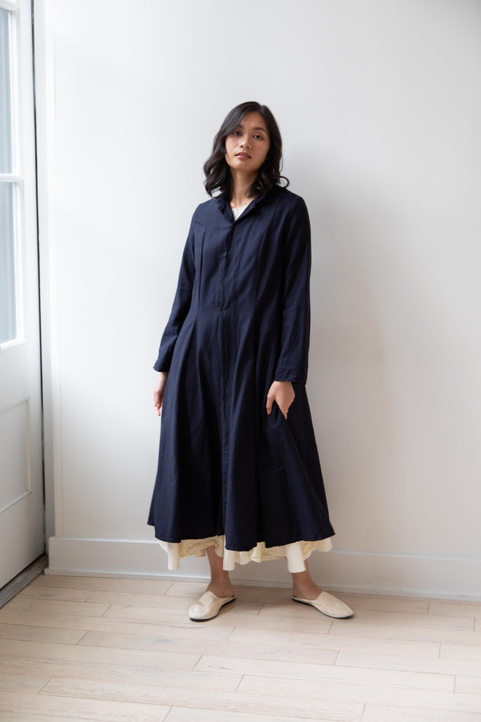 Risa Nakamura | Black Kohaze Flared Coat in Dark Blue