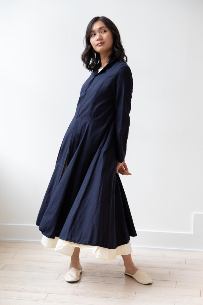 Risa Nakamura | Black Kohaze Flared Coat in Dark Blue