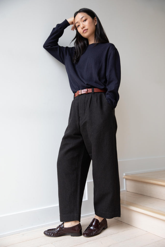 Evan Kinori | Two Pleat Pant in Black & Brown Wool Linen Herringbone