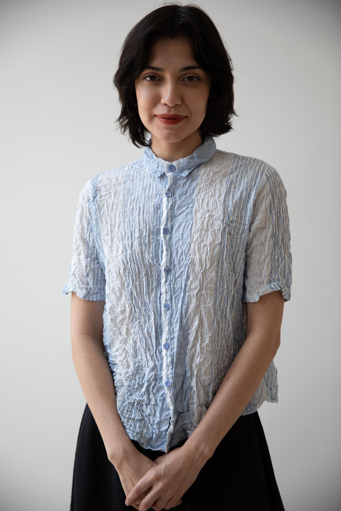 Pas de Calais | Shirring Stripe Short Sleeve Blouse in Off White
