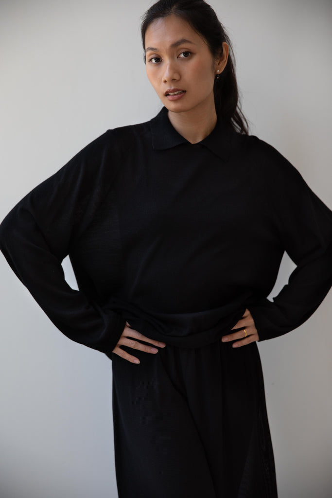 Cancellato Uniform | Light Weight Wool Long Sleeve Polo Shirt in Black