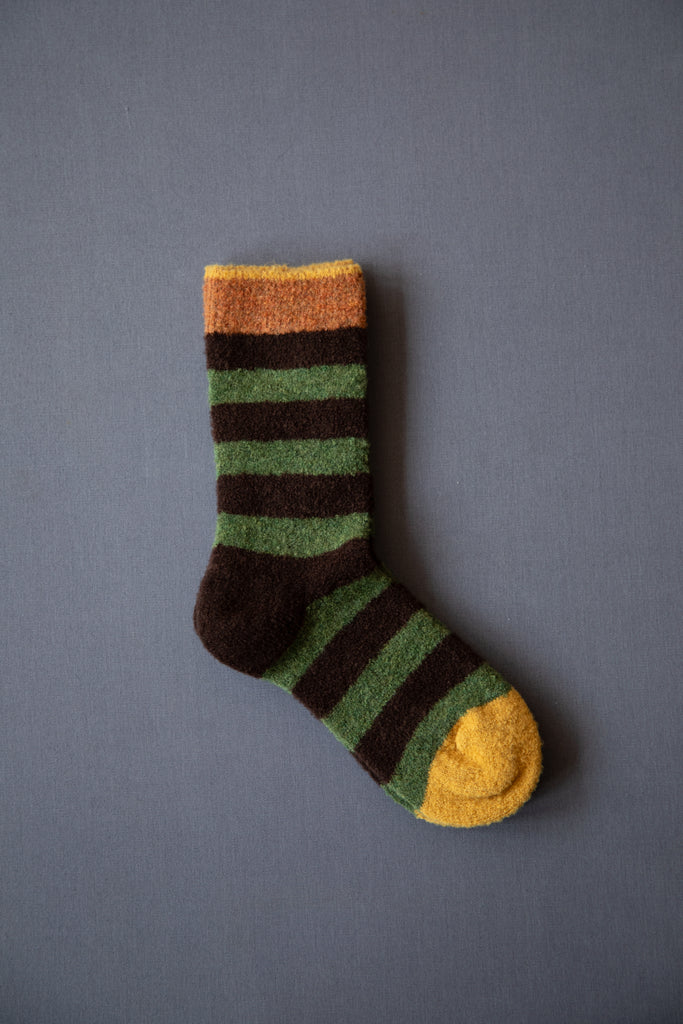 Bonne Maison | Brown & Green Striped Wool Bouclé Socks