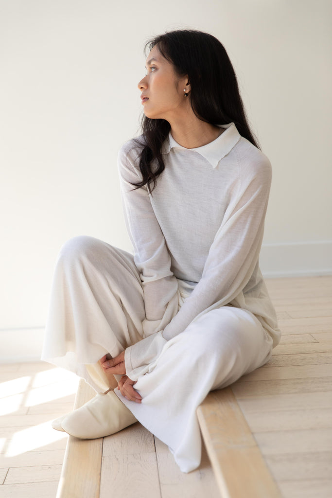 Cancellato Uniform | Light Weight Wool Long Sleeve Polo Shirt in White