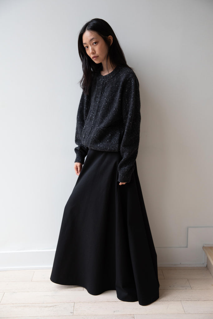 Evan Kinori | Crewneck Cardigan in Black Wool Cashmere Tweed