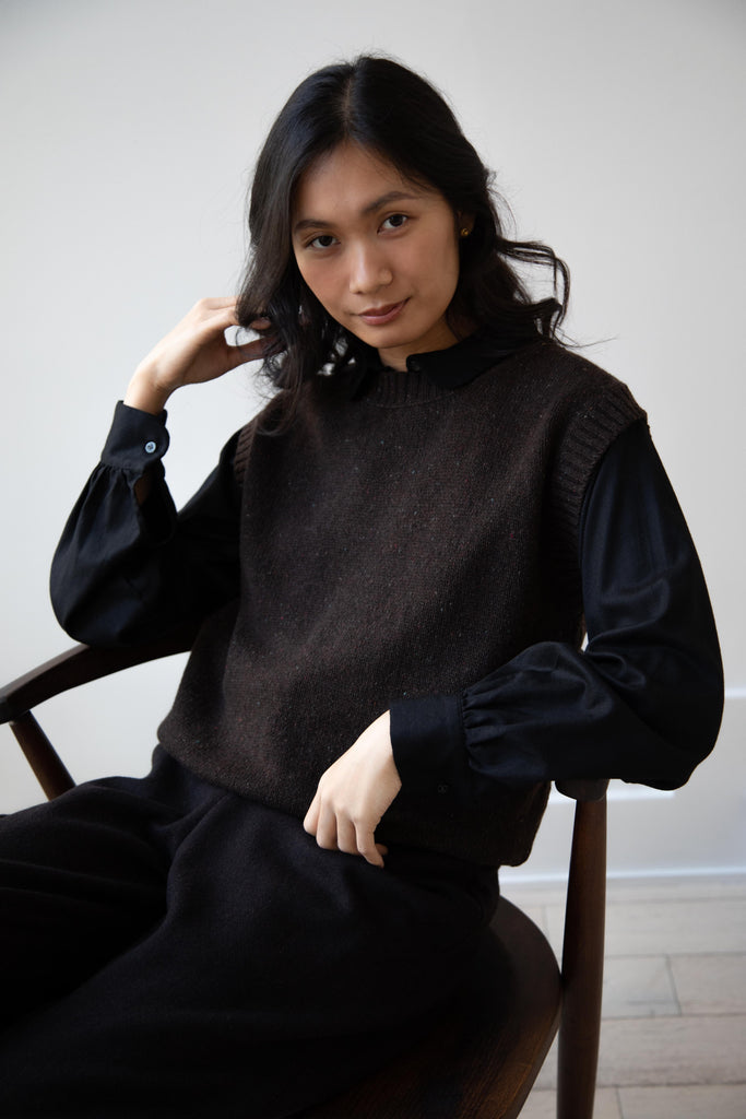 Margaret Howell | Boxy Crewneck Slipover Vest in Donegal Dark Brown