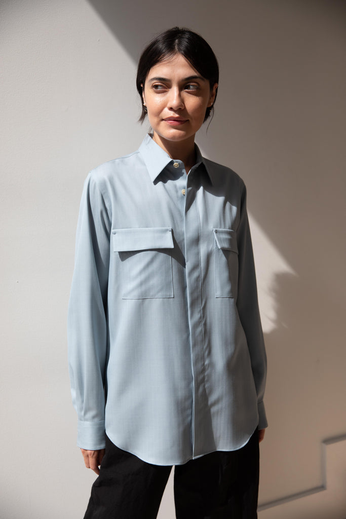 Auralee | Wool Herringbone Overshirt in Dusty Blue