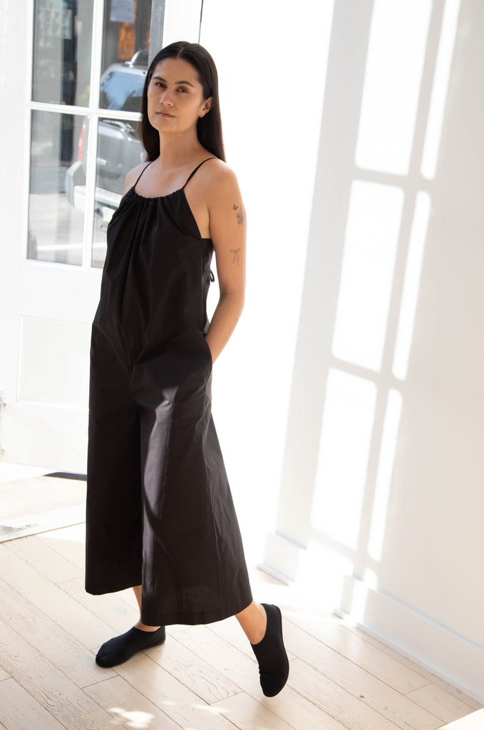 The Loom | Gathered Jumpsuit in Black Cotton