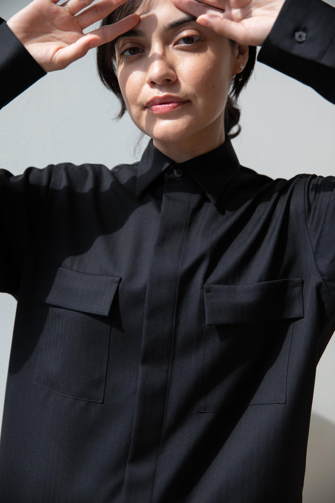 Auralee | Wool Herringbone Overshirt in Black