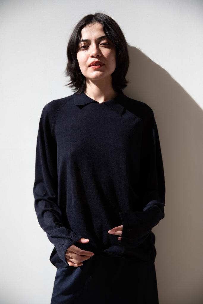 Cancellato Uniform | Light Weight Wool Long Sleeve Polo Shirt in Navy