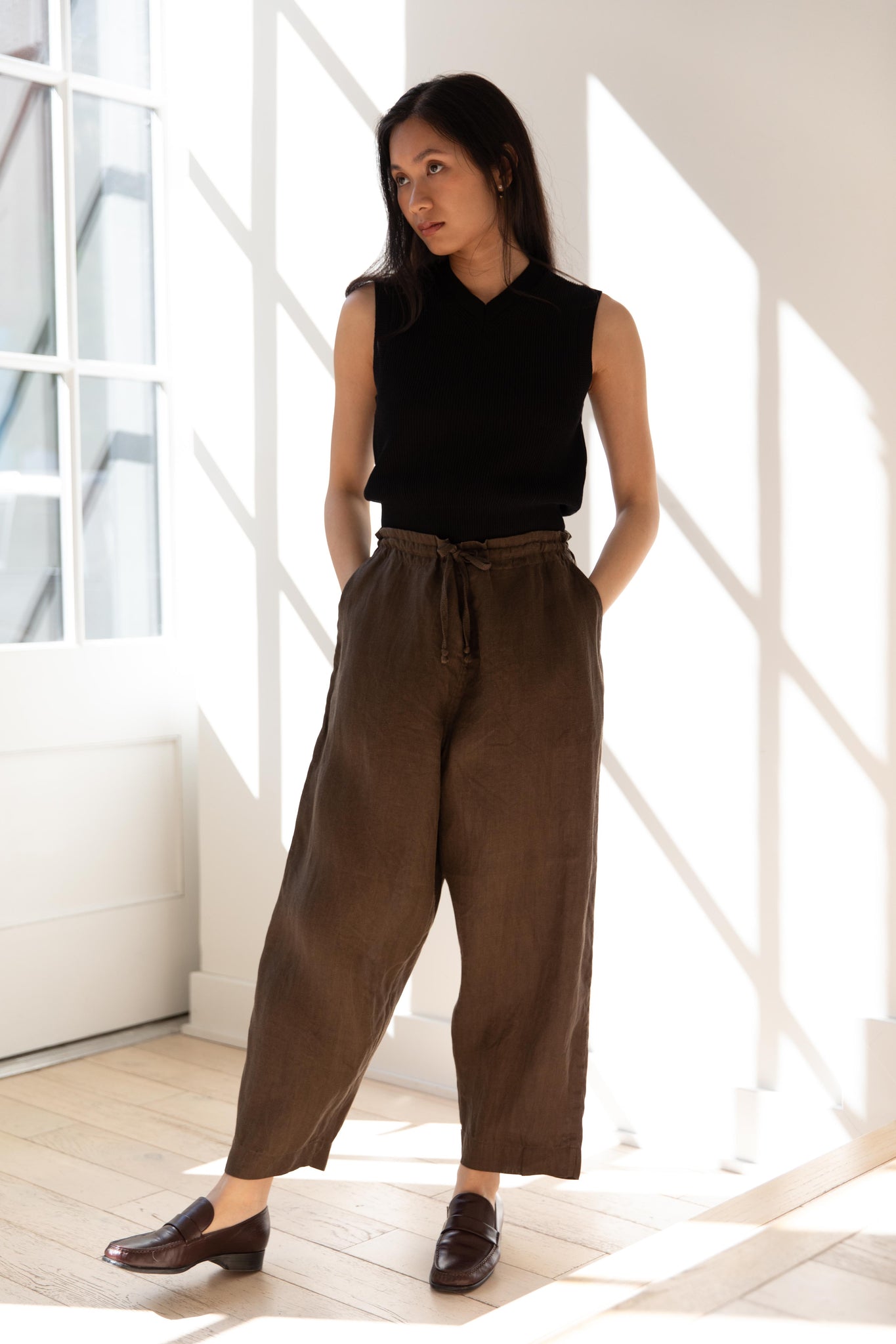 hana様　コージーパンツL ポケット1 リンレイヌ　ブラウン　ハンドメイド rennes — Evan Kinori | Drawstring Pants in Dark Olive