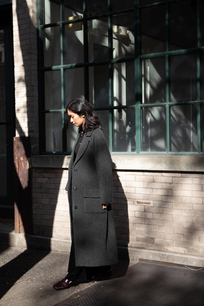 Margaret Howell | Raglan Herringbone Overcoat in Green & Black