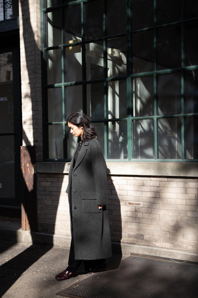 Margaret Howell | Raglan Herringbone Overcoat in Green & Black