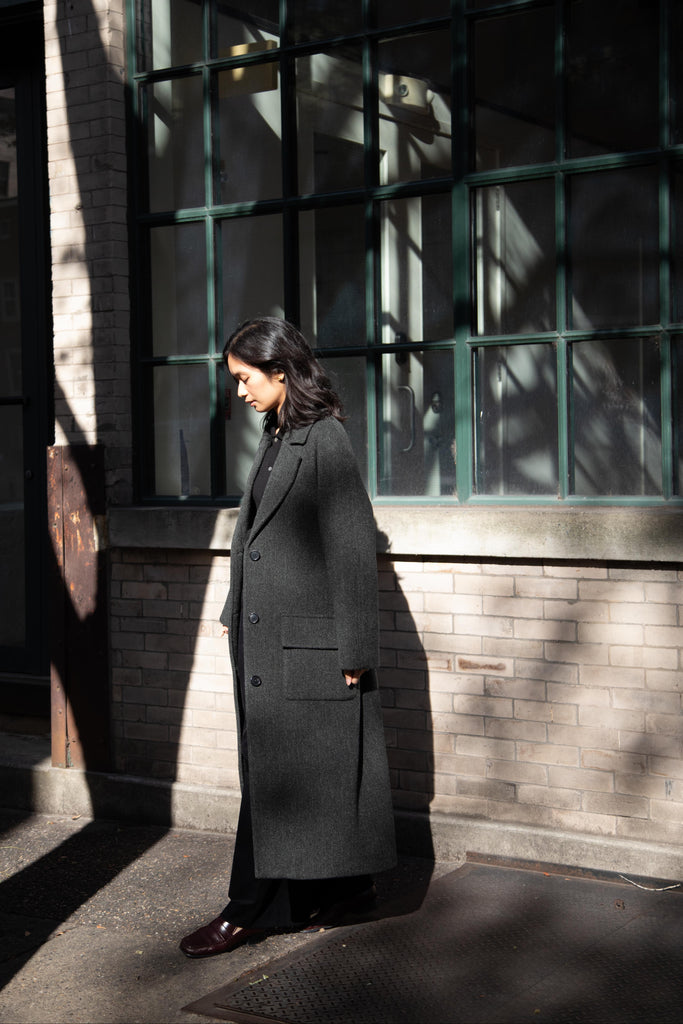 Margaret Howell | Raglan Herringbone Overcoat in Green & Black