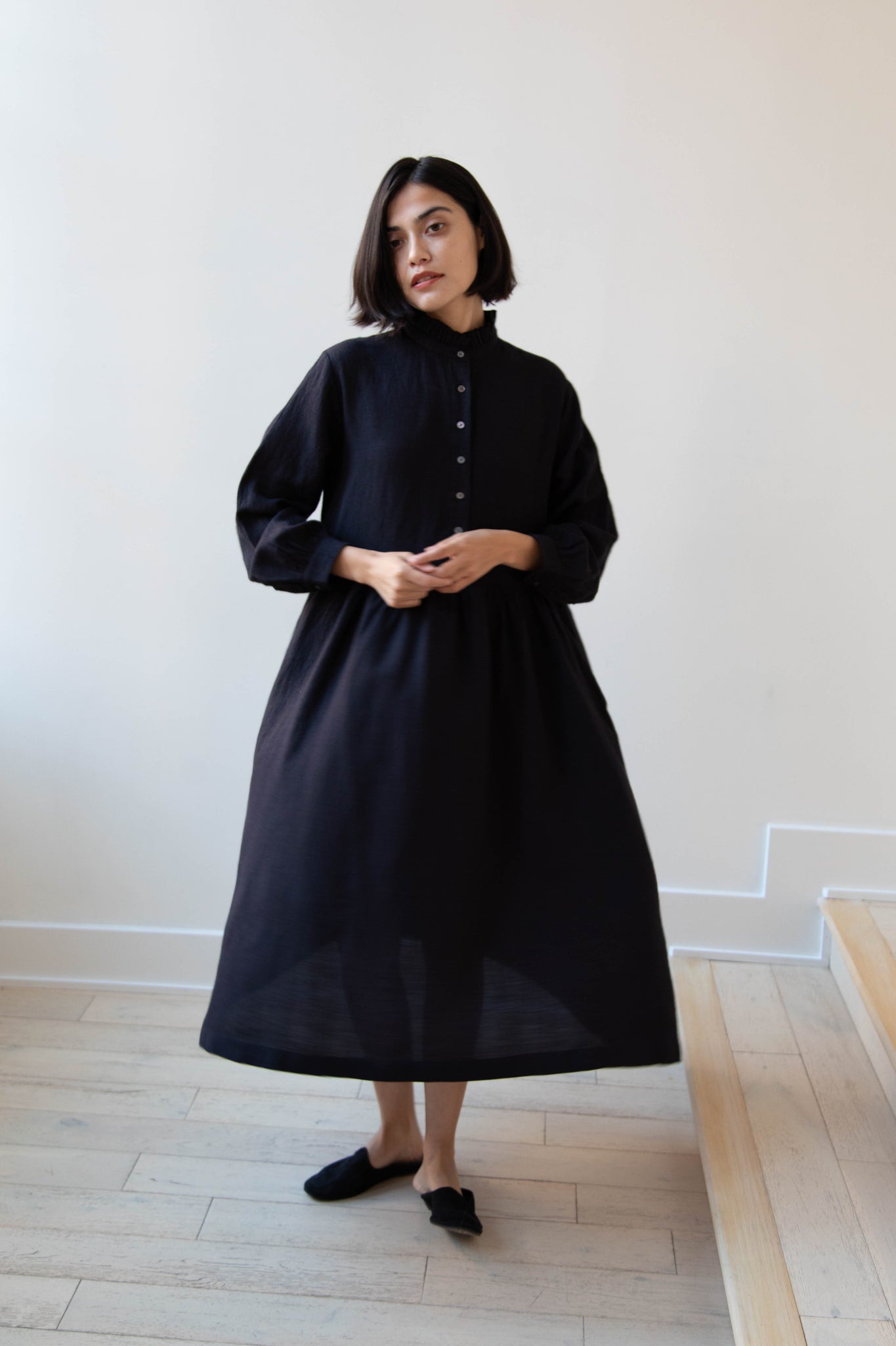 Soil | Button Front Wool Dress in Dark Navy