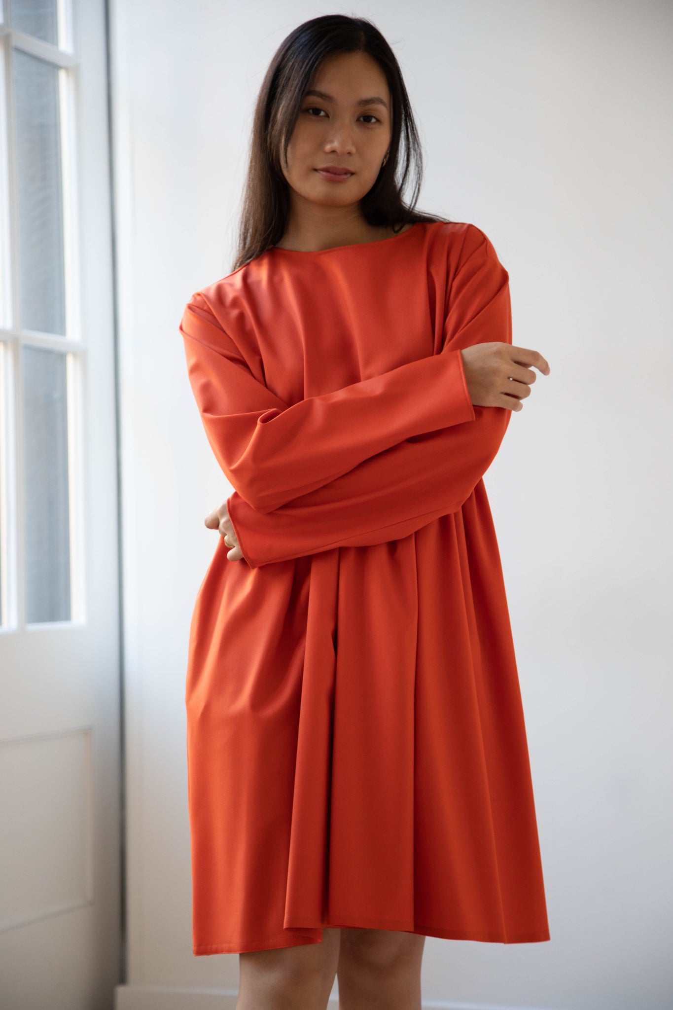 orange wool dress Drop Waist Dress in Clementine Wool Gauze