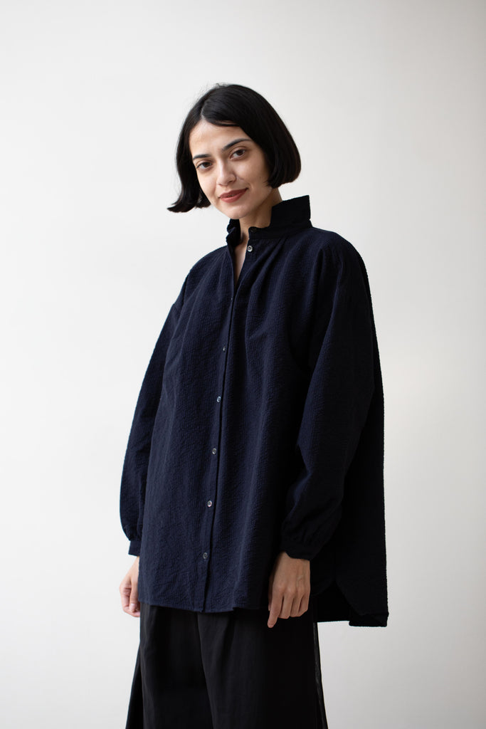 Gallego Desportes | Antik Seersucker Cotton Shirt Navy