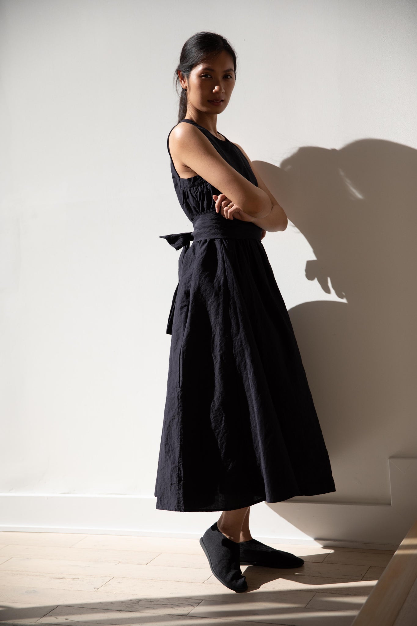 linen apron dress Blue Midi with Swing Silhouette and Fitted Waistband recycled wool Pinafore Apron Dress | Stylish