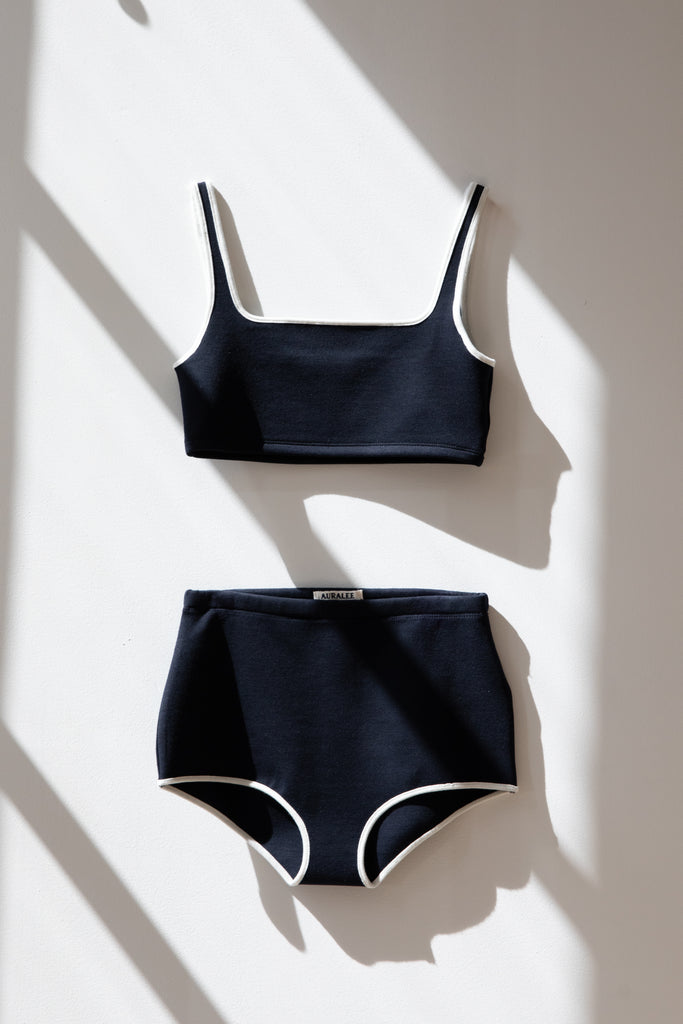 Auralee | Wool Stretch Double Jersey Swim Set in Dark Navy