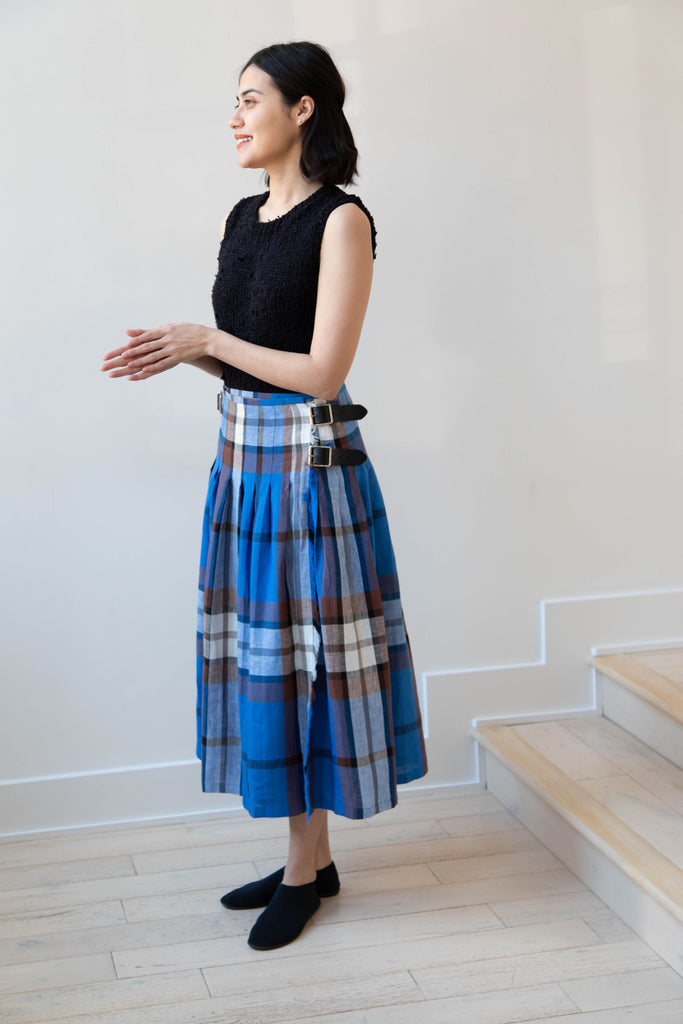 O'Neil of Dublin | Linen Pleated Skirt in Blue Check