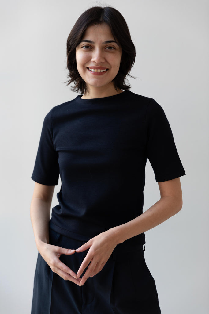 Auralee | Wool Stretch Double Jersey Boat Neck Tee in Dark Navy