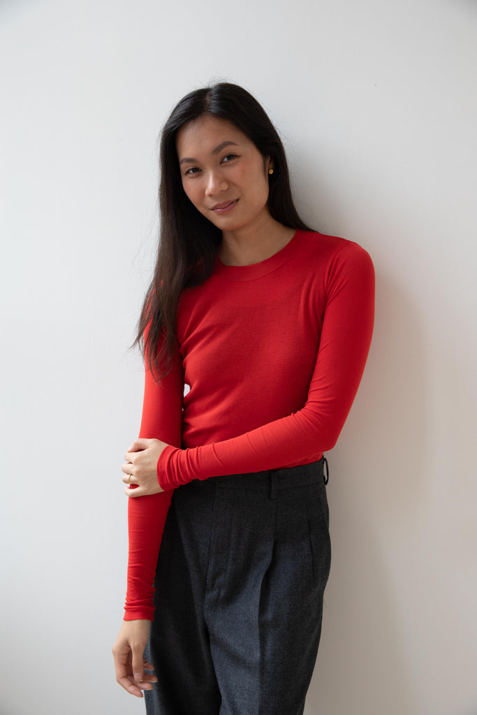 Auralee | Super High Gauge Sheer Rib Longsleeve Tee in Red