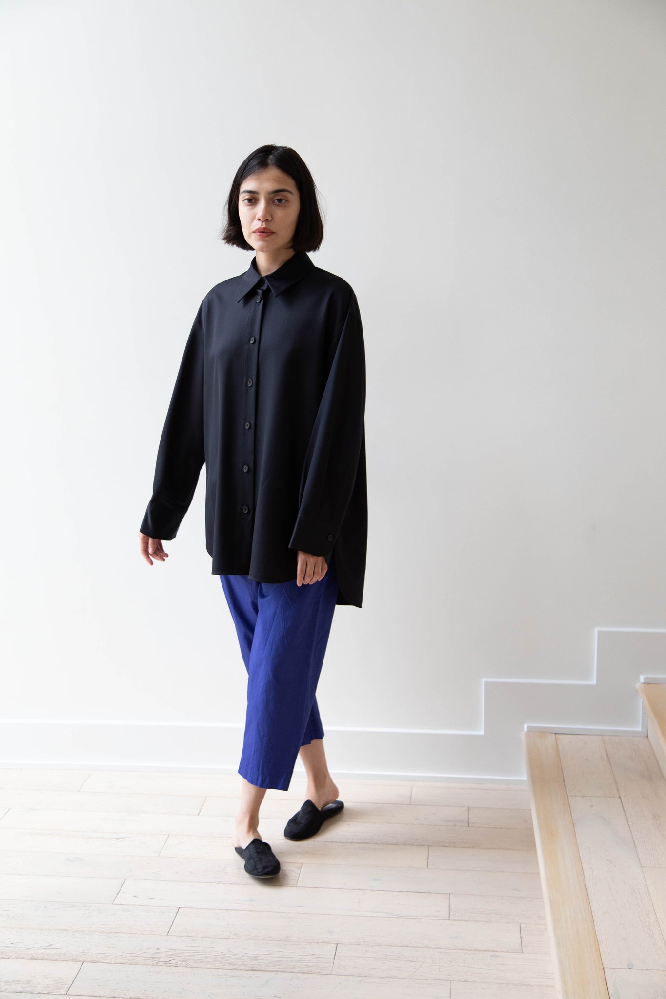 Sayaka Davis | Oversized Shirt in Navy Wool Gabardine