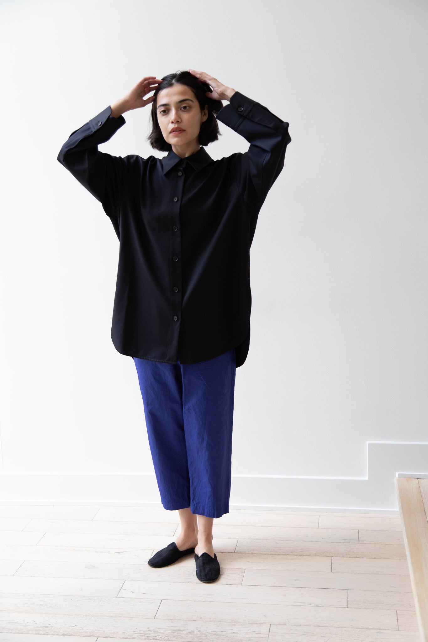 Sayaka Davis | Oversized Shirt in Navy Wool Gabardine