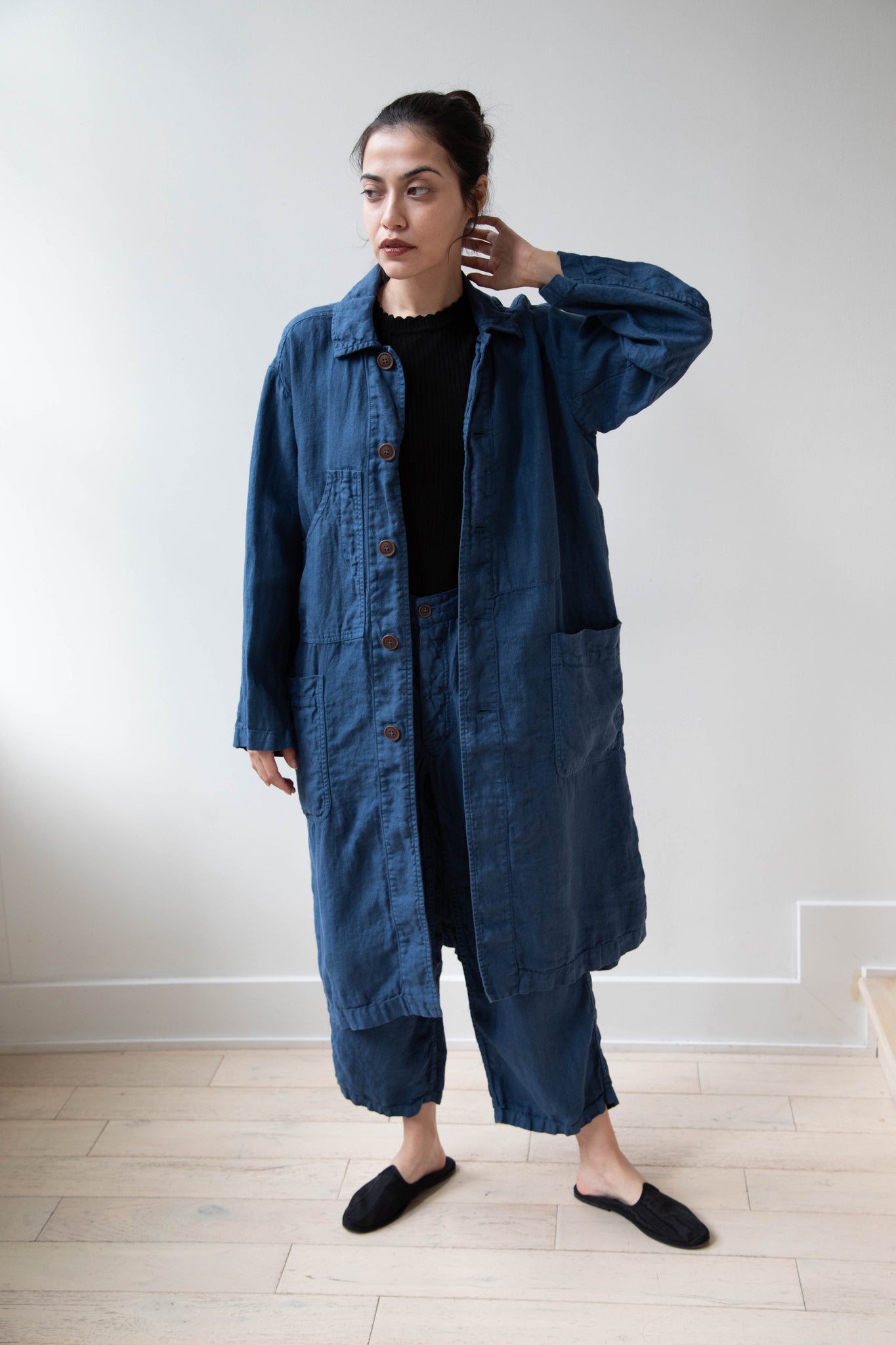 Armen | Work Coat in Blue Twill Linen