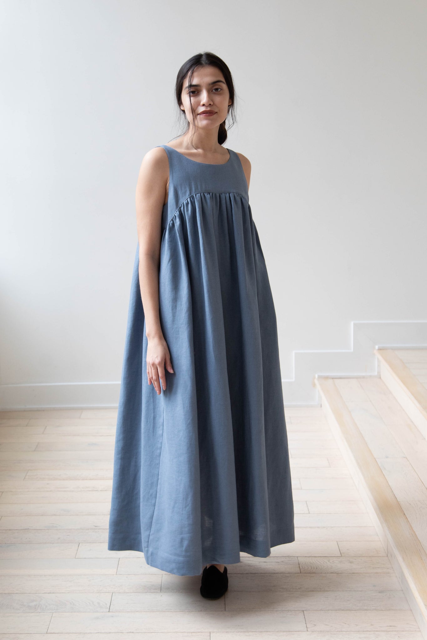 rennes The Loom Linen Empire Dress in Blue Linen