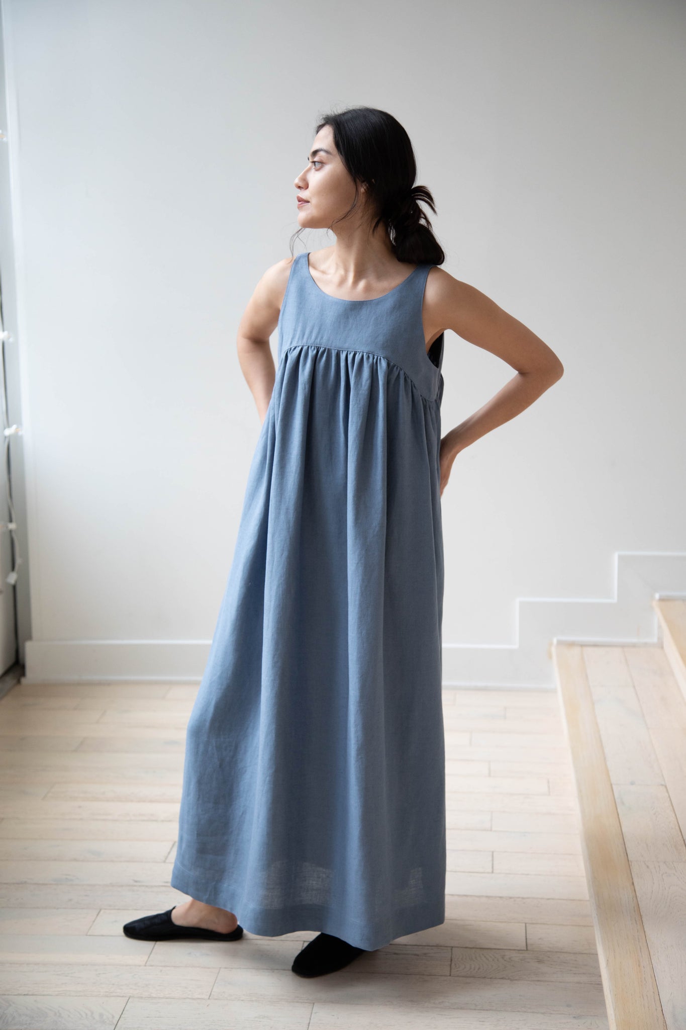 The Loom Linen Empire Dress in Blue Linen