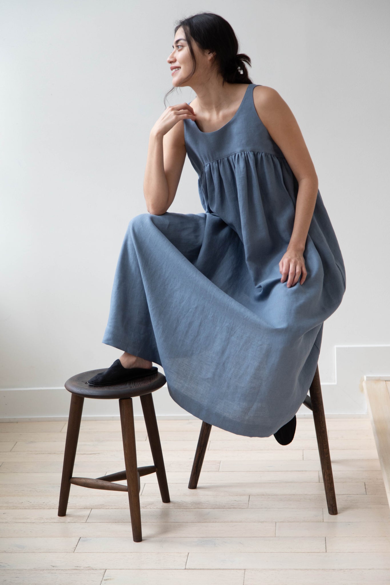 The Loom Linen Empire Dress in Blue Linen
