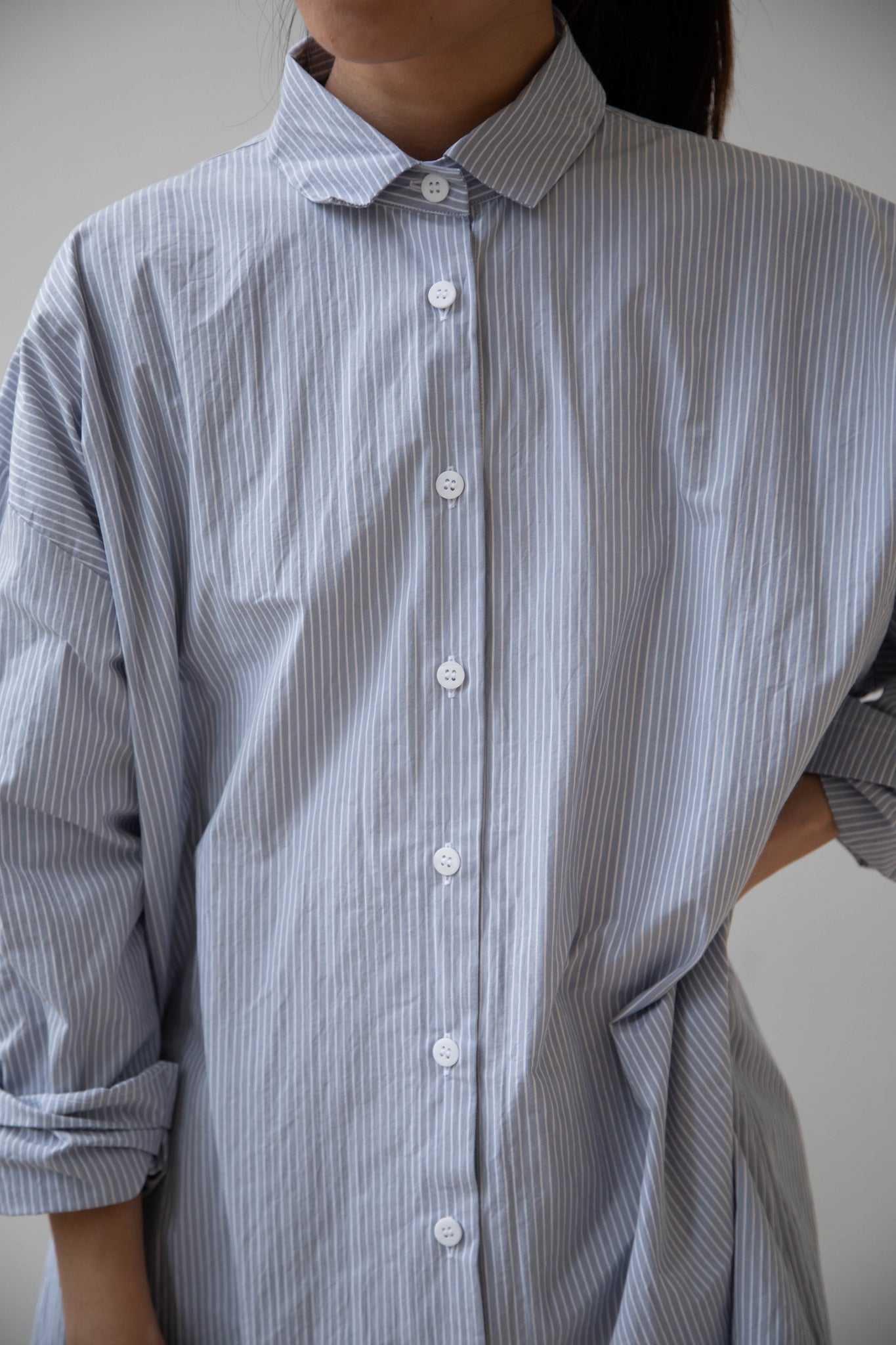 Bergfabel Long Overshirt in Grey Blue Stripes