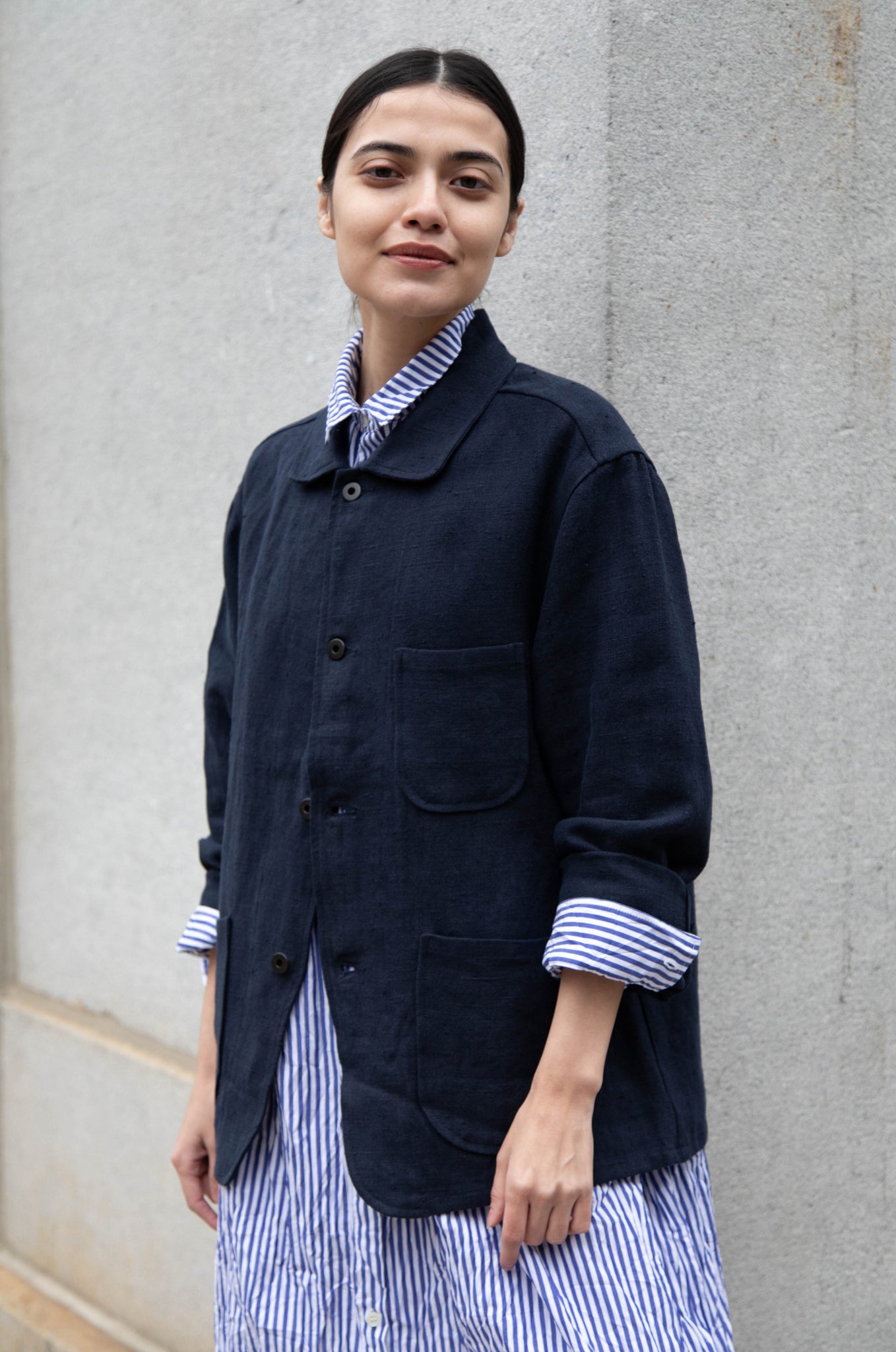 Evan Kinori | Three Pocket Jacket in Navy Butcher Linen