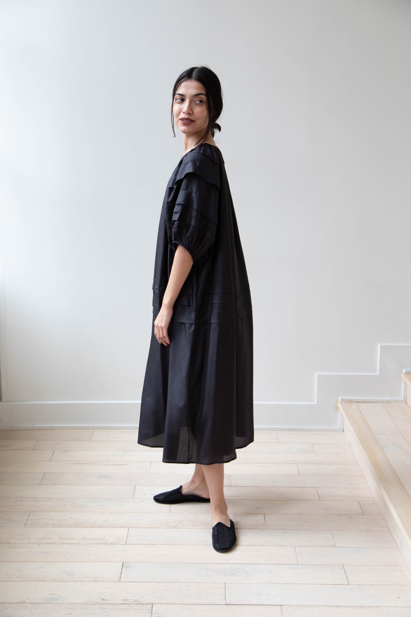 Anaak Rishi Pintuck Midi Dress in Black Silk