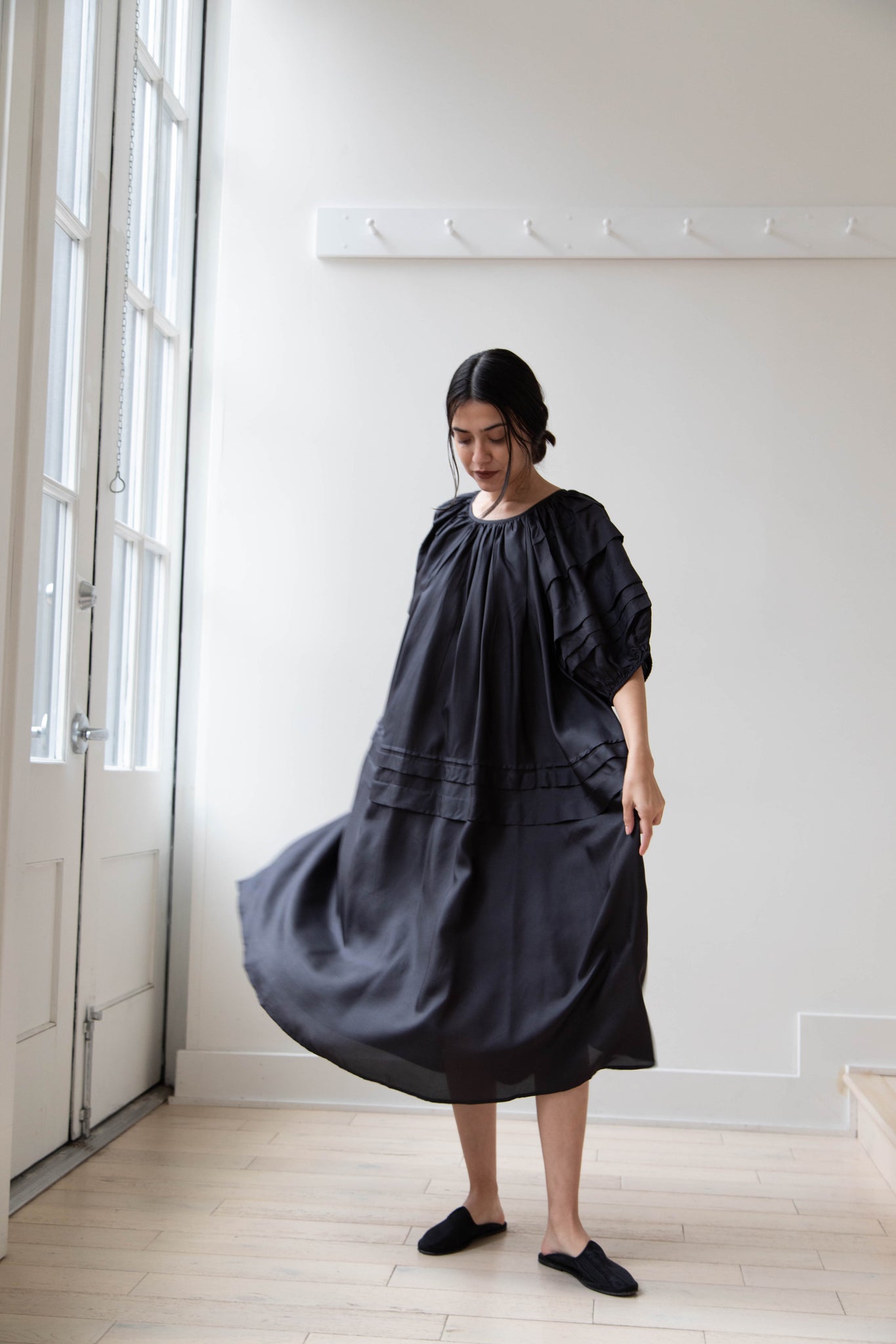 Anaak Rishi Pintuck Midi Dress in Black Silk