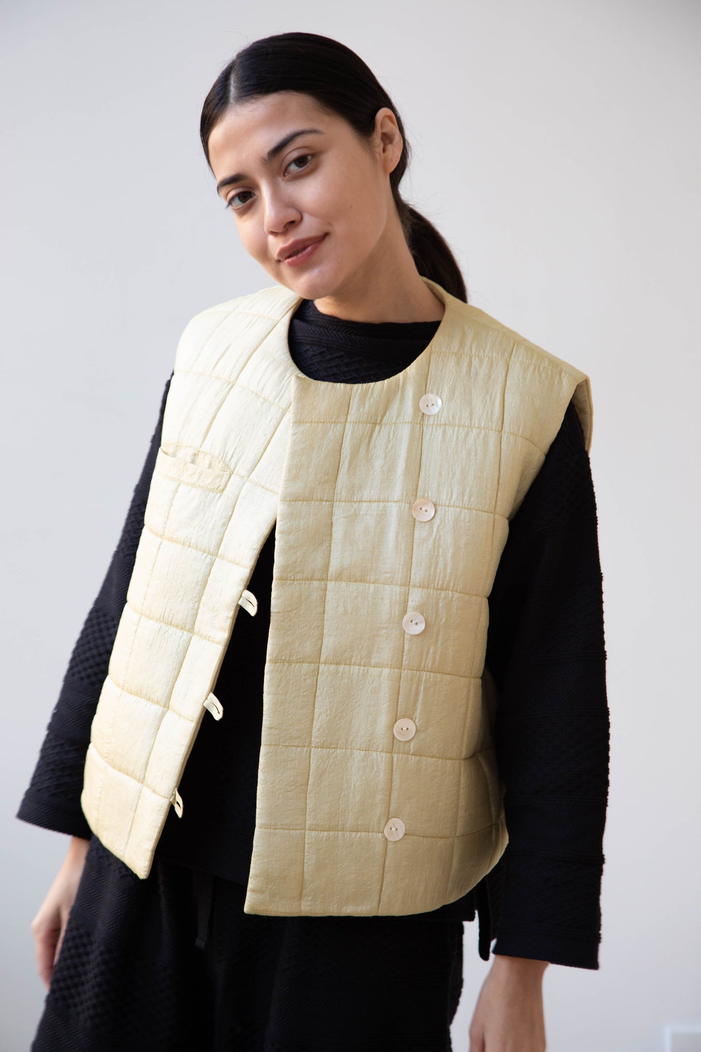 rennes — Anaak Ledha Quilted Vest in Sulphur Tussar Silk