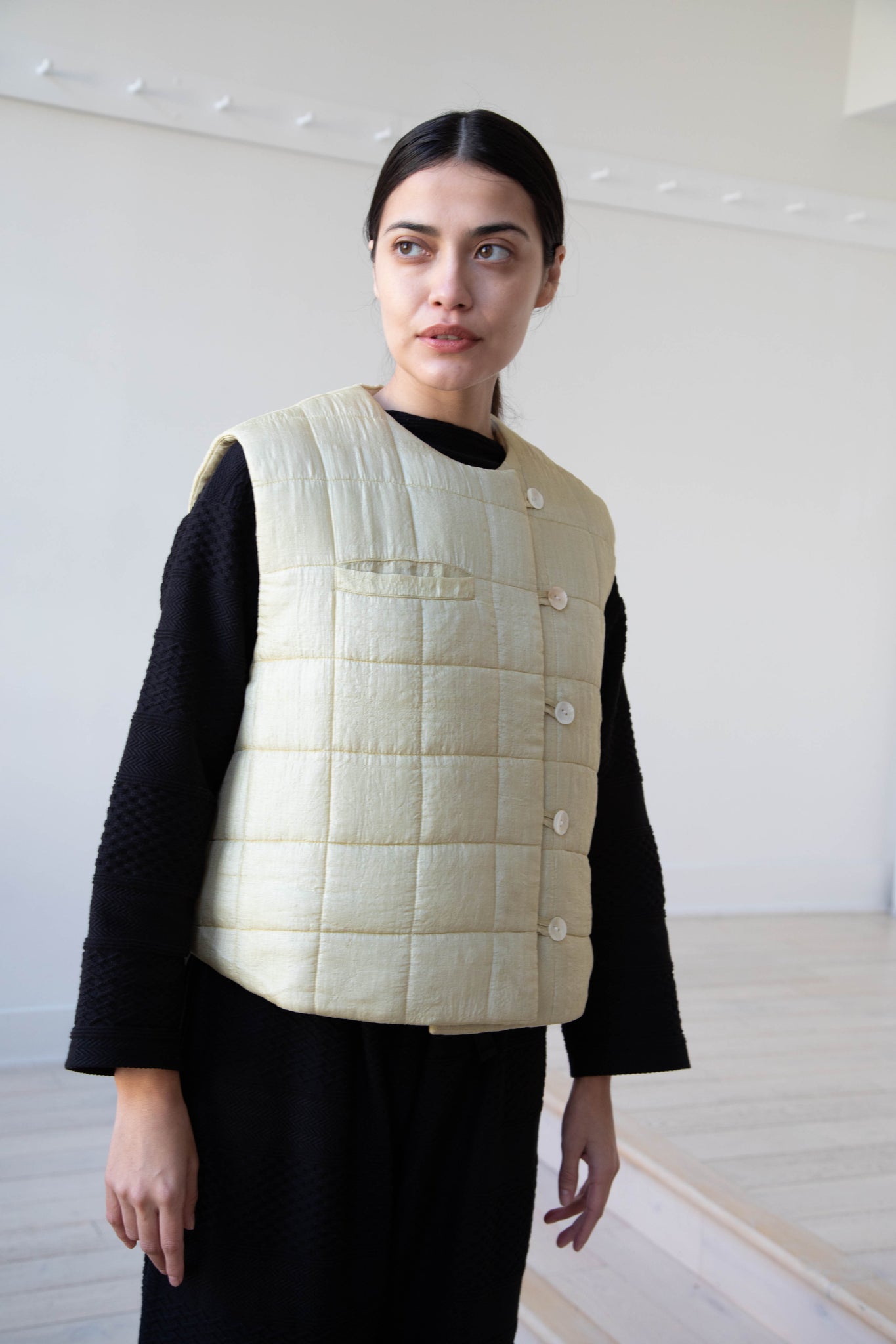 Anaak Ledha Quilted Vest in Sulphur Tussar Silk